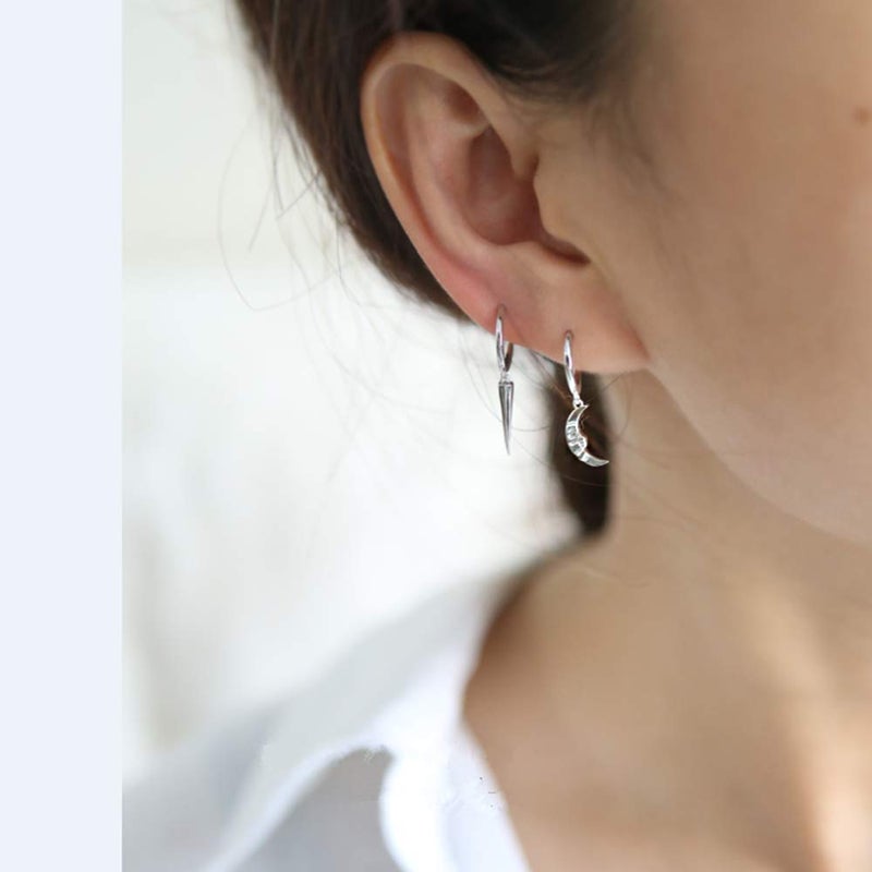 Dtja Minimalist Spike Dangle Drop Hoop Earrings for Women Girls 925 Sterling Silver Charms Hoops Cuff Cartilage Stud Tragus Helix Wrap Geometric Hypoallergenic Fashion Personalized Punk (Silvery) - Image 4